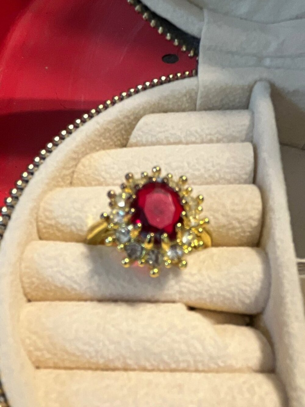 Yellow Gold Tone Oval Red Ruby Cluster Setting Cocktail Ring Size 9